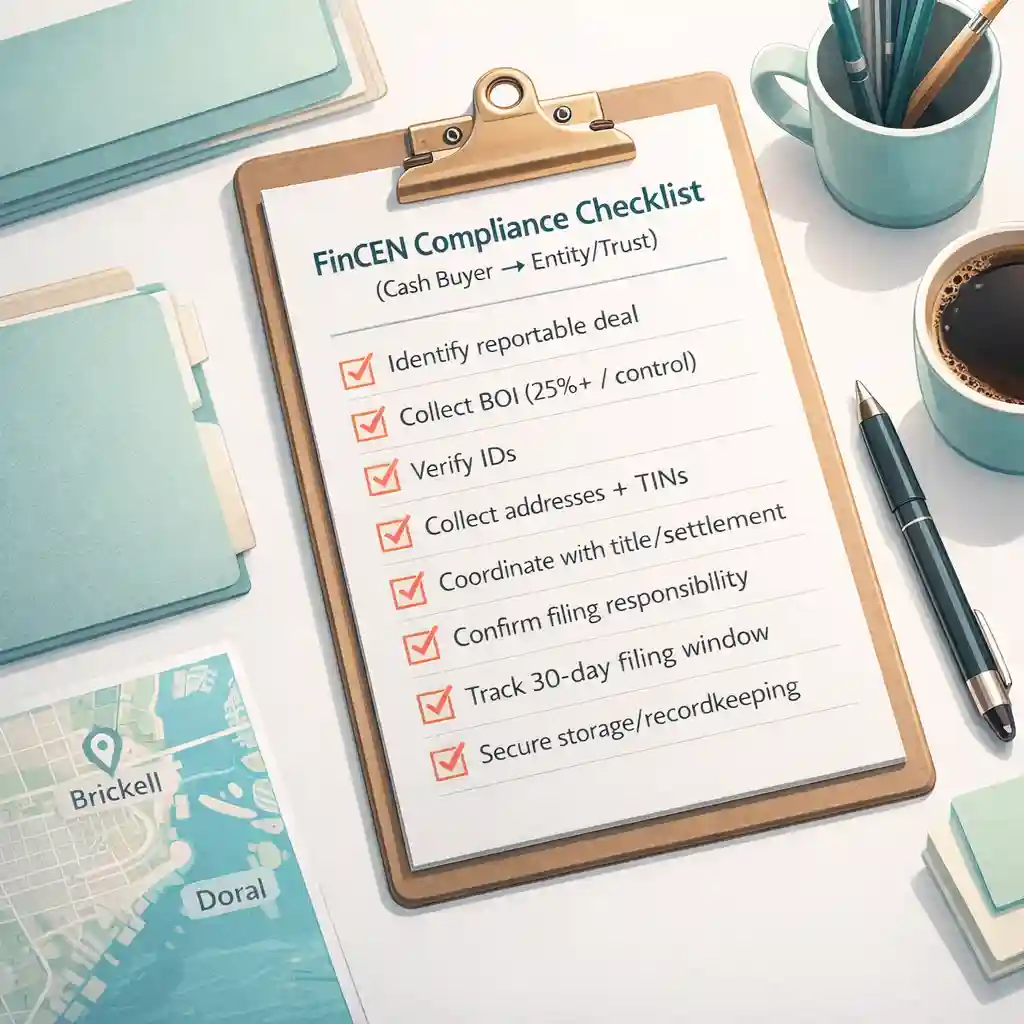 Flowchart illustrating the reporting person cascade under the FinCEN Residential Real Estate Rule for Miami cash transactions.