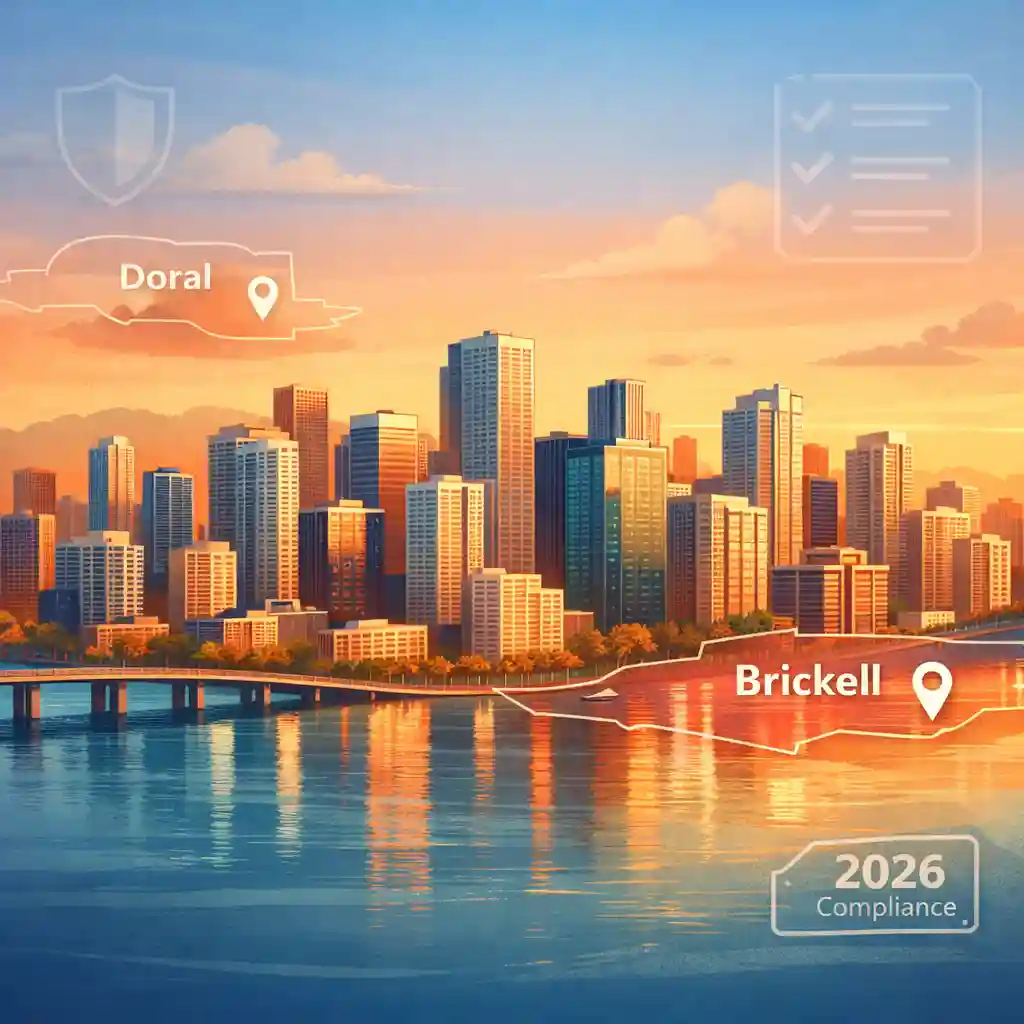 Miami real estate market skyline showing Brickell and Doral areas affected by 2026 FinCEN cash buyer reporting.